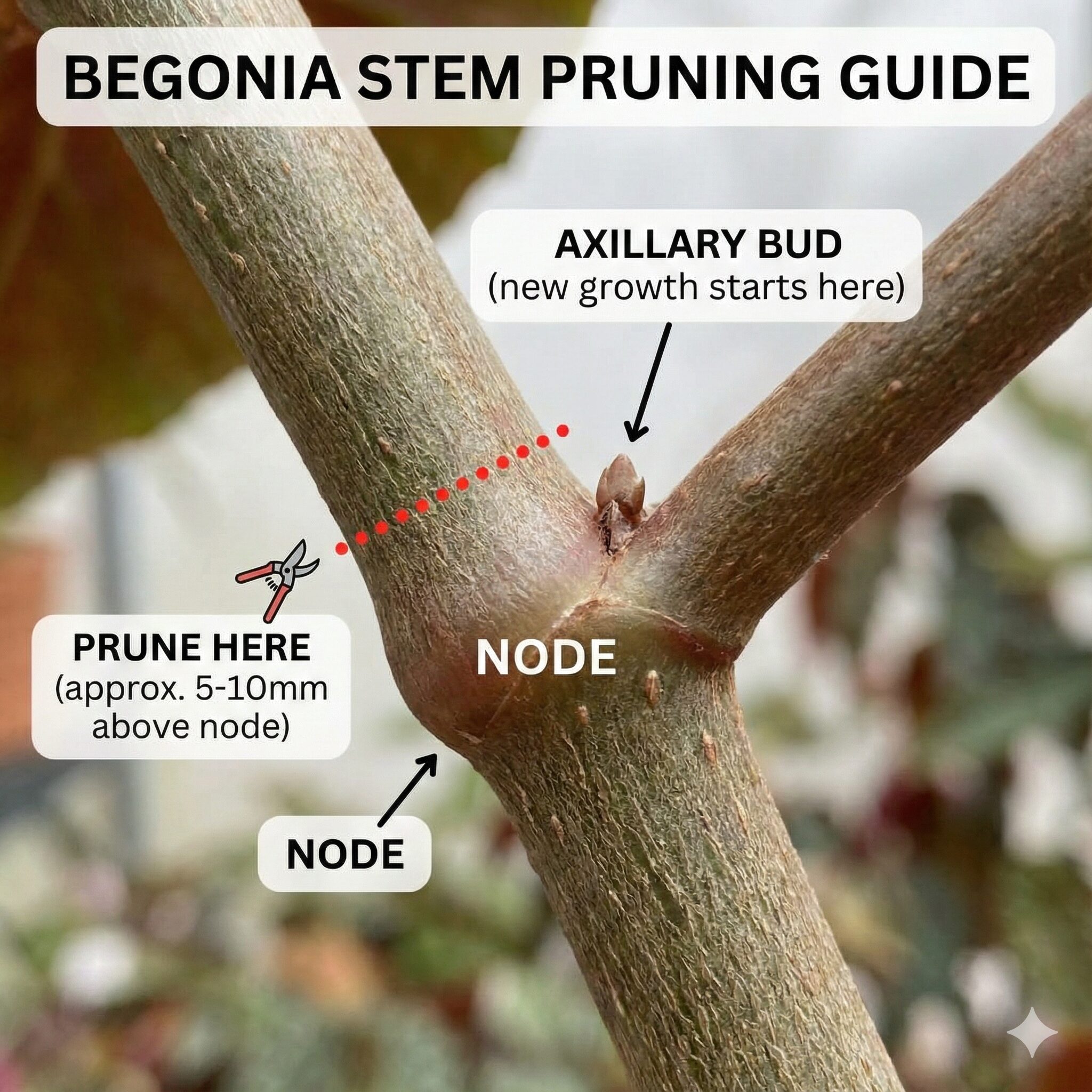 ベゴニア 育て方 鉢植え8　ベゴニアの切り戻し剪定における正しい切断位置と節（ふし）の関係図