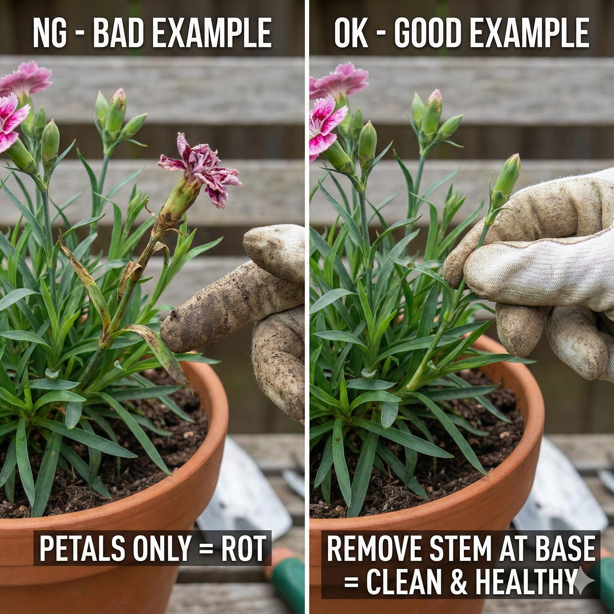 ベゴニア 育て方 鉢植え9　病気を防ぐための正しいベゴニアの花がら摘み方法とNG例の比較