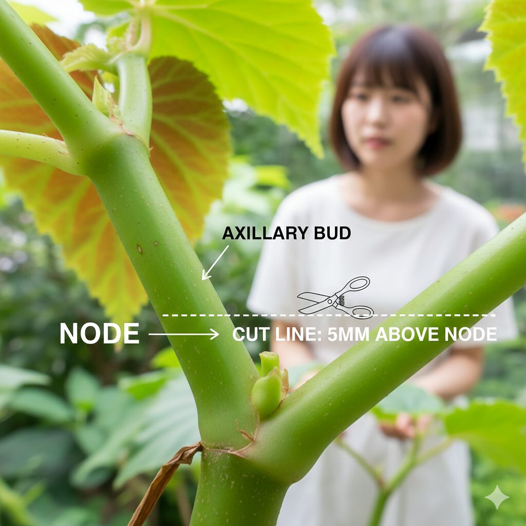 ベゴニア 花が終わったら11　ベゴニアの剪定位置の図解 節とわき芽の位置関係と正しい切り方