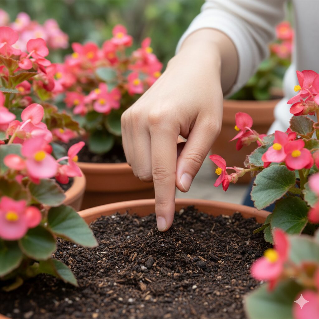 ベゴニア 花が終わったら4　剪定後の水やり確認 指を土に挿して乾燥具合をチェックする方法