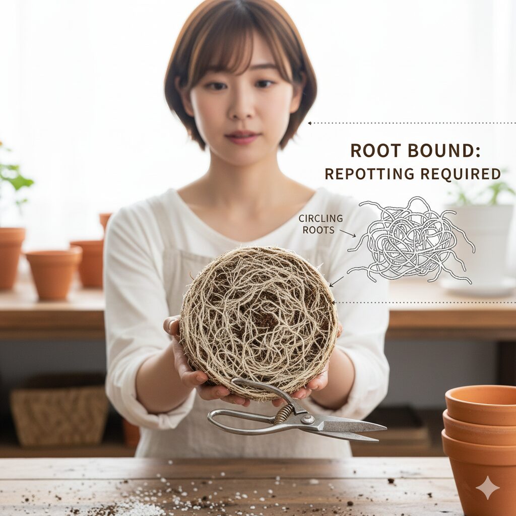 ベゴニア 花が終わったら6　ベゴニアの根詰まり 鉢から抜いた根鉢とサークリングの状態