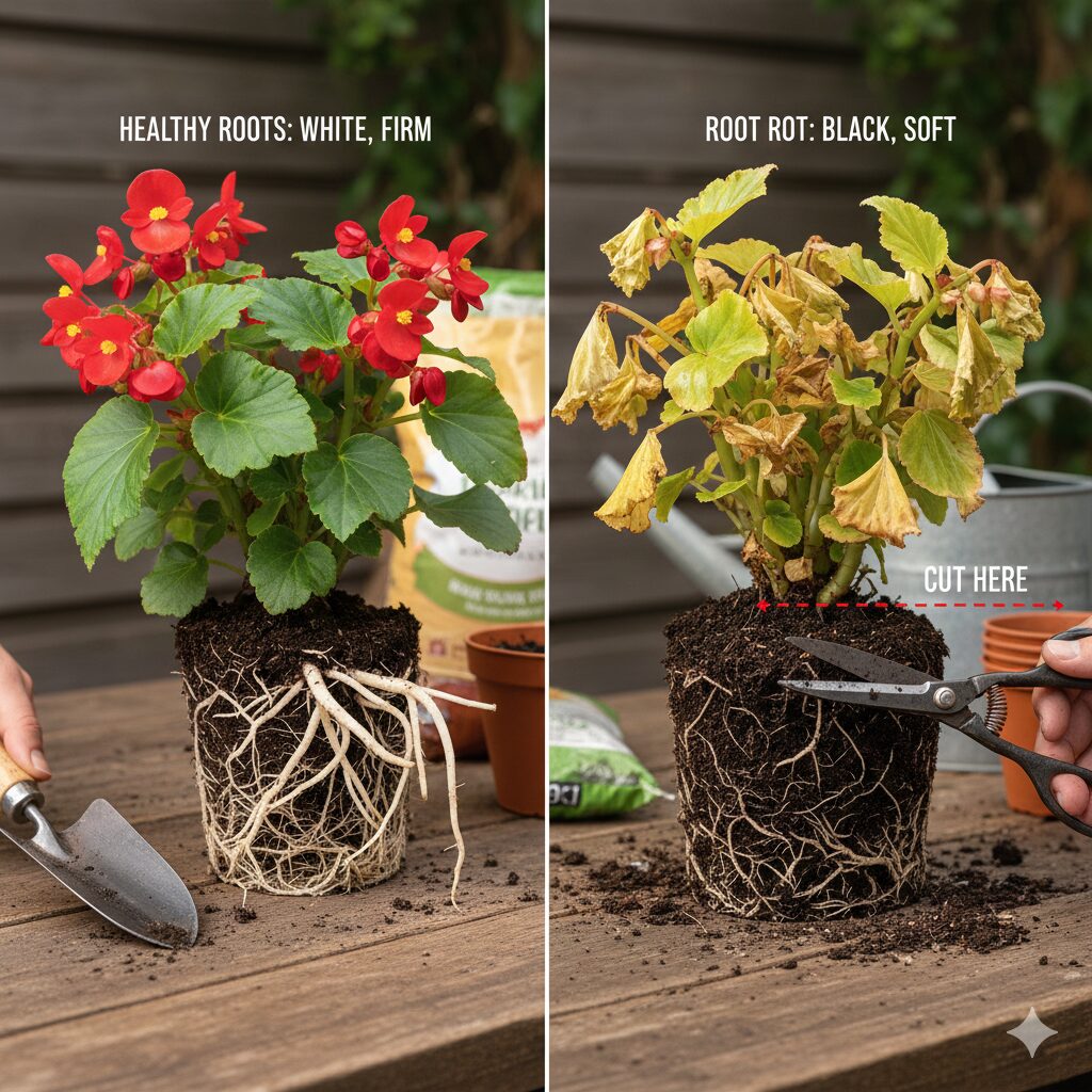 ベゴニア 花が終わったら7　植え替え時の根の処理 健康な根と腐敗した根の見分け方と剪定