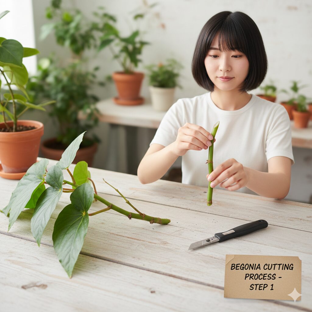 ベゴニア 花が終わったら8　木立性ベゴニアの挿し木 挿し穂の切り方と下葉処理の手順