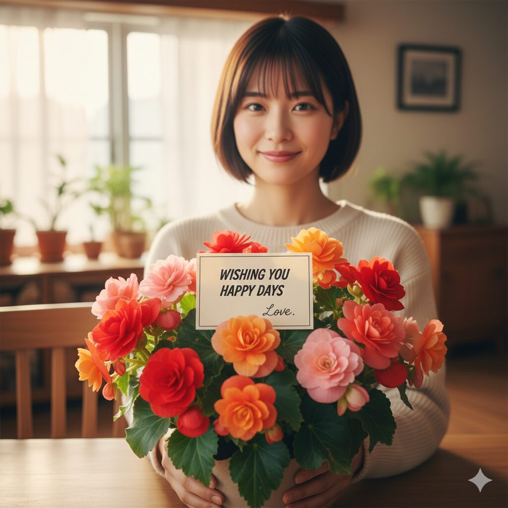 ベゴニア 花言葉 怖い10　「親切」「幸福な日々」のメッセージカードが添えられた、プレゼント用のベゴニア。ポジティブな花言葉と贈答マナーの重要性を強調。