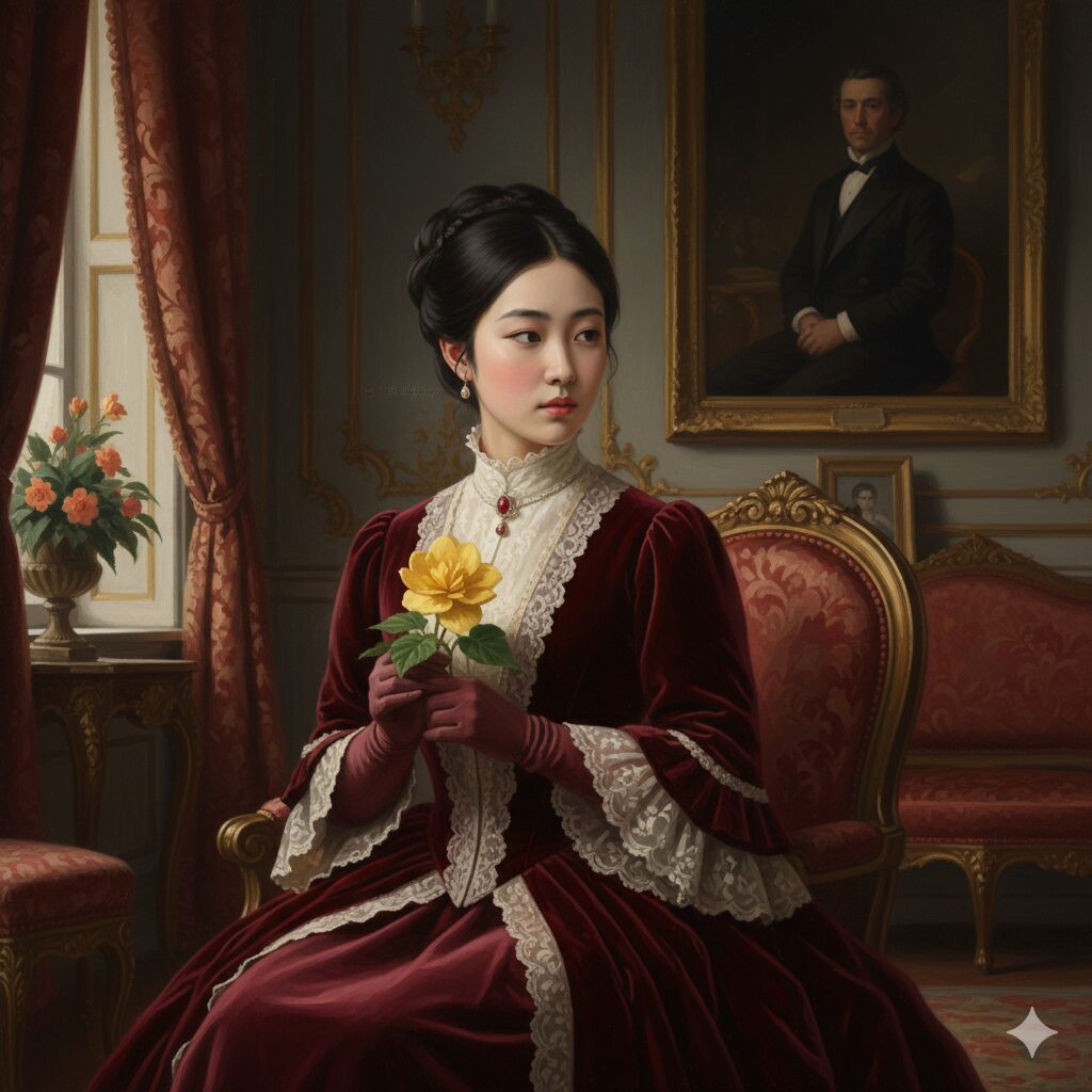 ベゴニア 花言葉 怖い3　ヴィクトリア朝時代の衣装を着た女性がベゴニアを手に持つイラスト。「Beware（用心）」という警告的な花言葉の歴史的背景を表現。