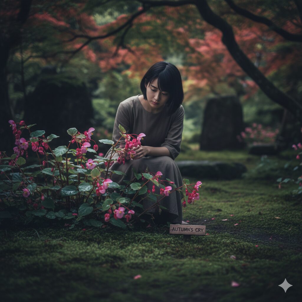 ベゴニア 花言葉 怖い4　茎が赤く、花が俯いて咲くシュウカイドウ（断腸花）の写真。中国の悲恋伝説と「死のイメージ」の連想元を視覚的に提示。