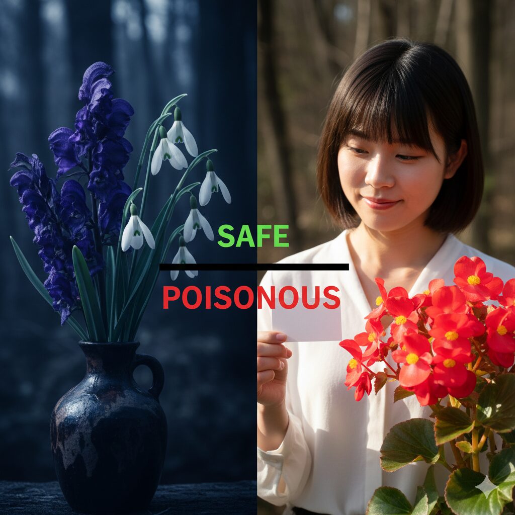 ベゴニア 花言葉 怖い5　トリカブトやスノードロップといった危険な花と、ベゴニアを並べた比較画像。ベゴニアの安全性を相対的に示す。