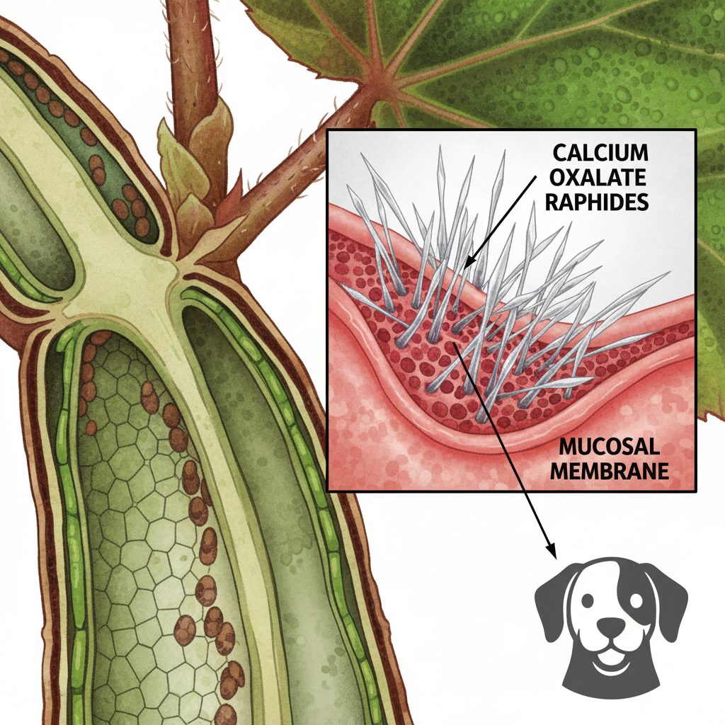 ベゴニア 花言葉 怖い6　ベゴニアの細胞内のシュウ酸カルシウム（針状結晶）が、口腔内に突き刺さる様子を示した科学的なイラスト。毒性のメカニズムを解説。