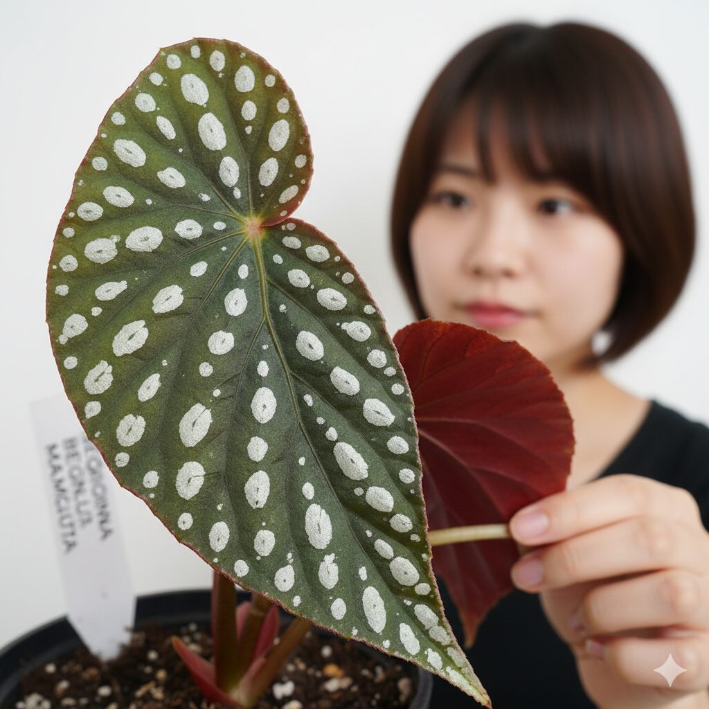 ベゴニア 花言葉 怖い7　銀色のドット模様が密集したベゴニア・マクラータの葉のクローズアップ。集合体恐怖症（トライポフォビア）の視覚的なトリガーを示す。