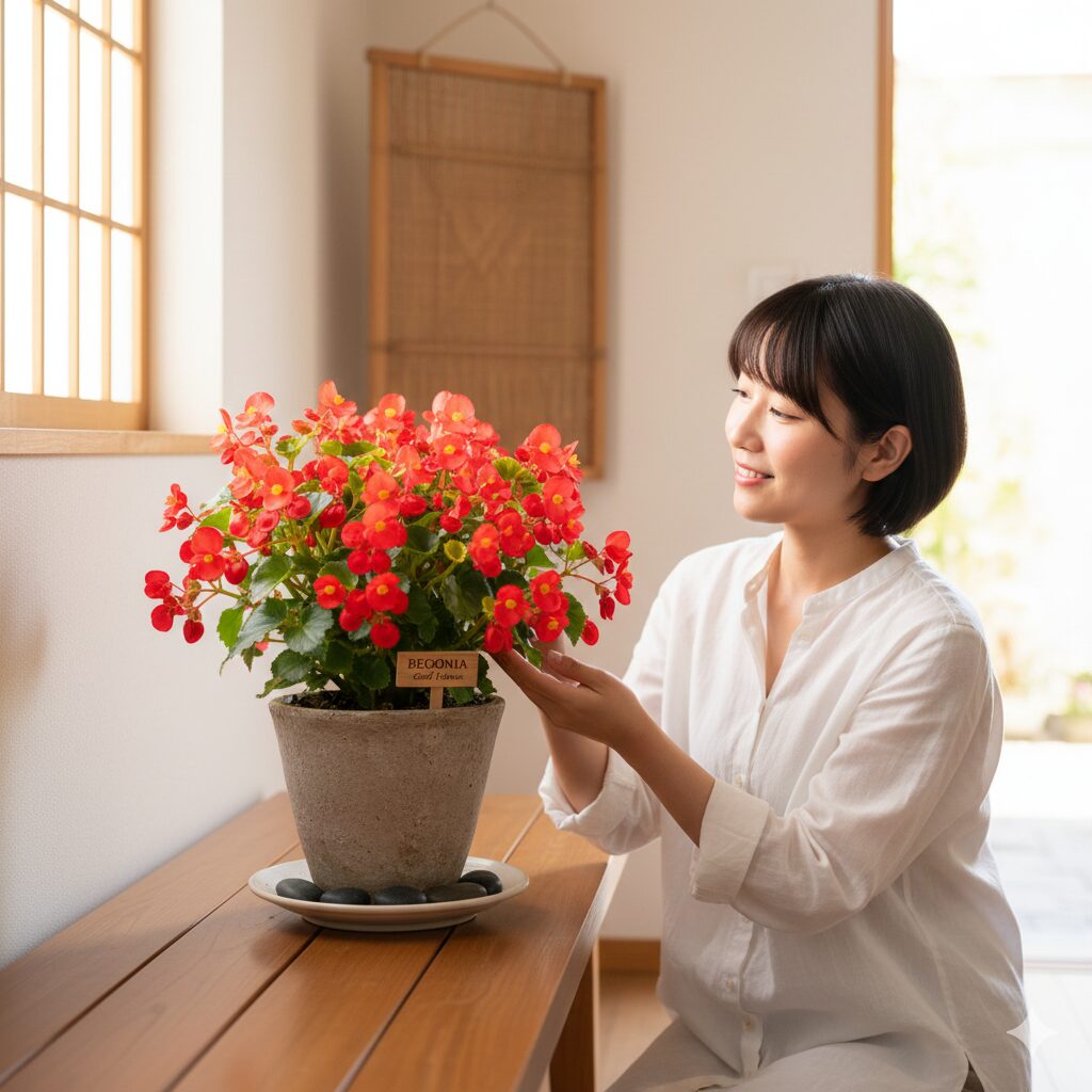 ベゴニア 花言葉 怖い8　赤いベゴニアの鉢植えが置かれた清潔で明るい玄関。ベゴニアが風水で「陽の気」を持つ吉花であることを示す。