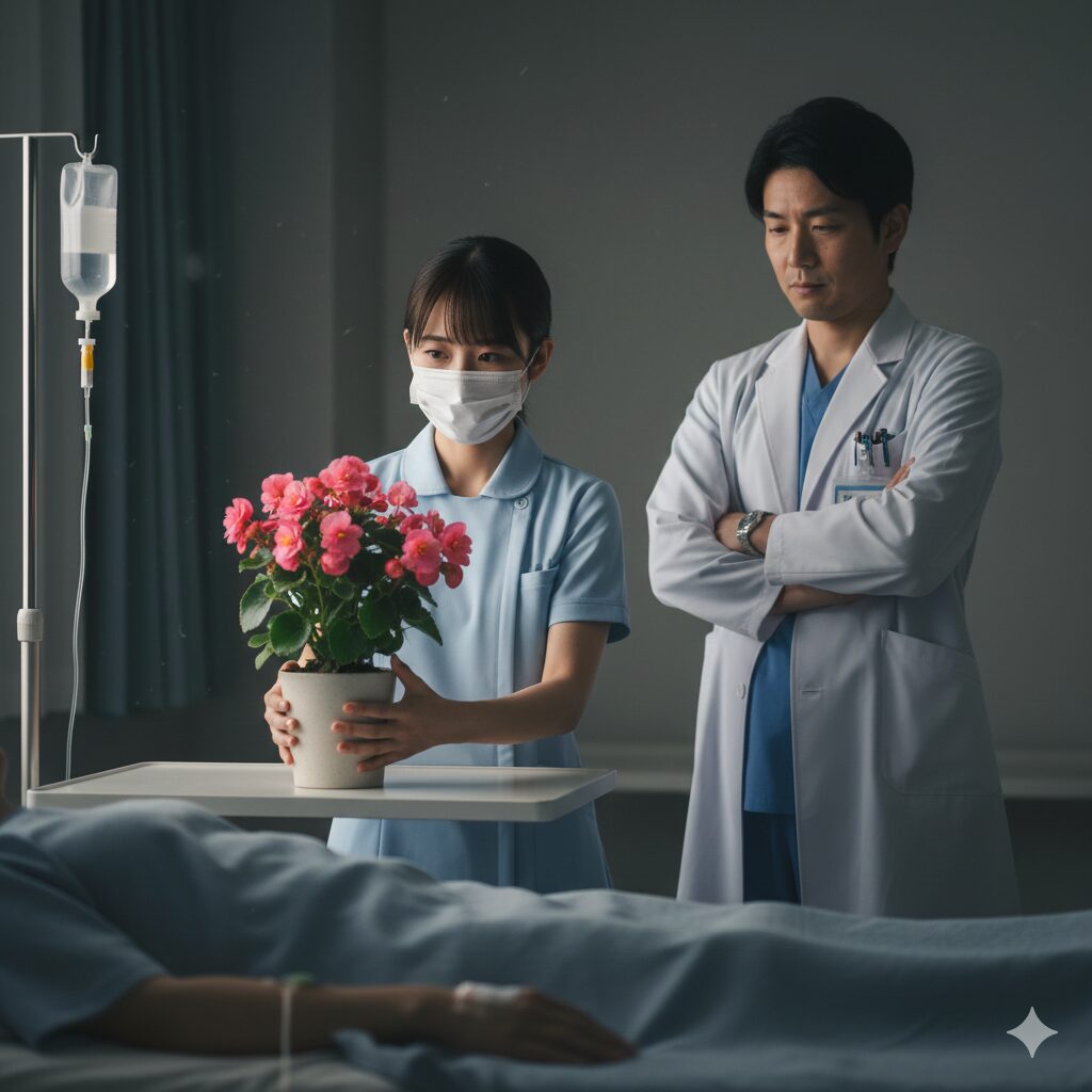 ベゴニア 花言葉 怖い9　病院のお見舞い品として不適切とされる鉢植えのベゴニア。マナー違反の状況を説明するイラスト。