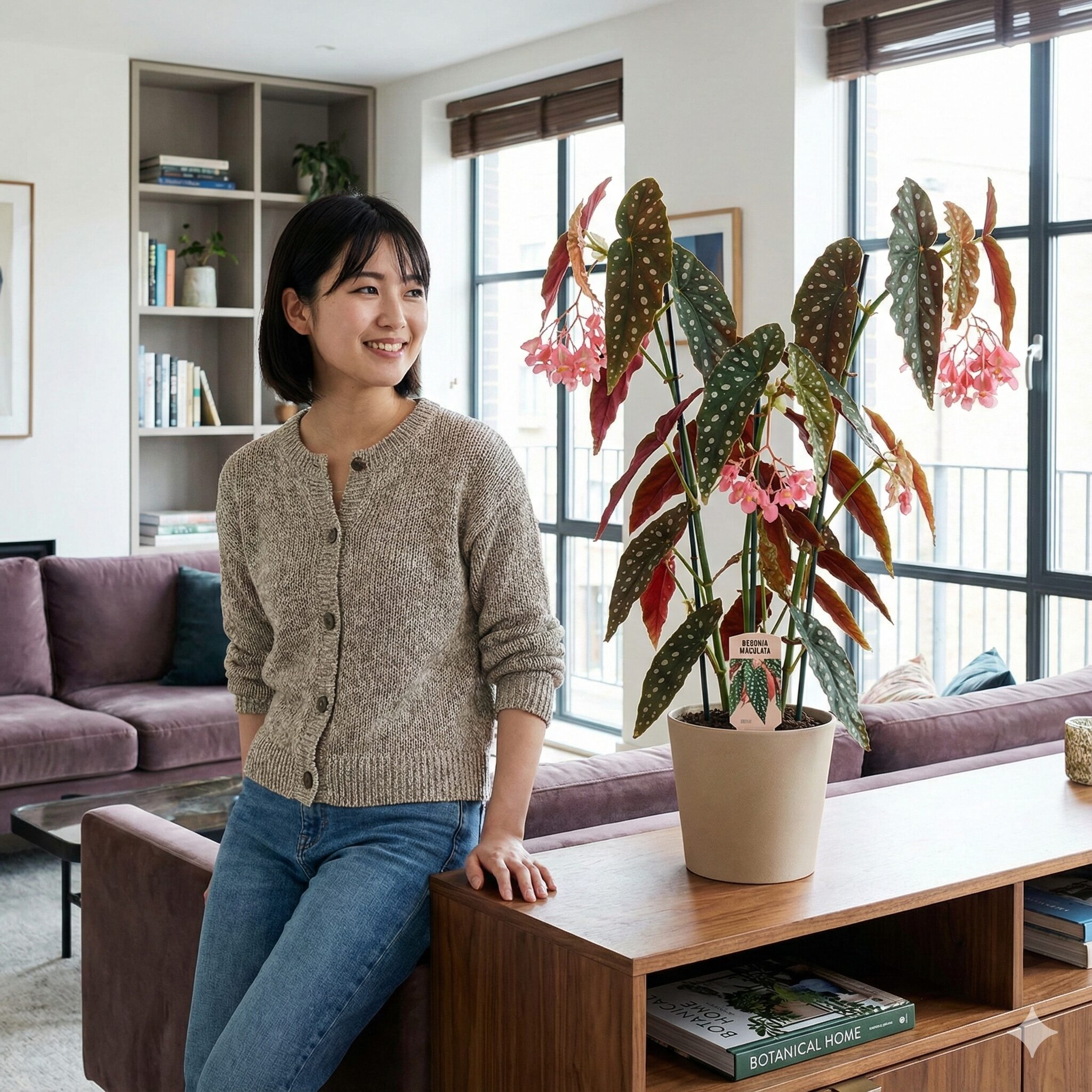 ベゴニア育て方初心者3　銀白色の水玉模様が特徴的な木立性ベゴニア・マクラータの鉢植え