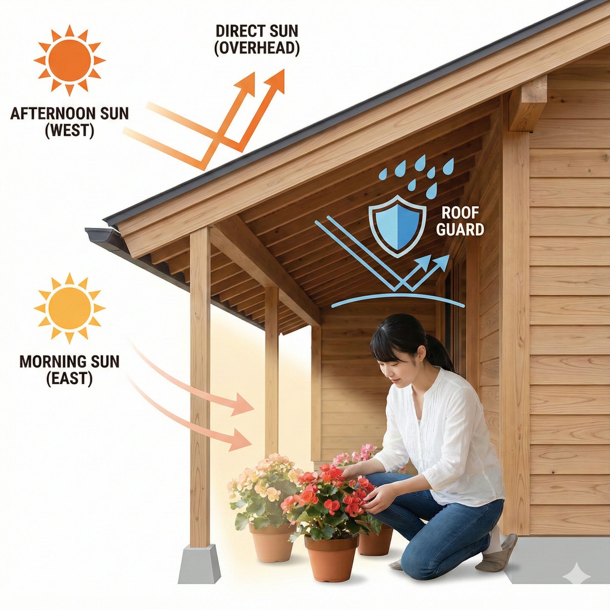 ベゴニア育て方初心者4　ベゴニア栽培に適した屋外の置き場所：東向きの軒下の日当たり解説図