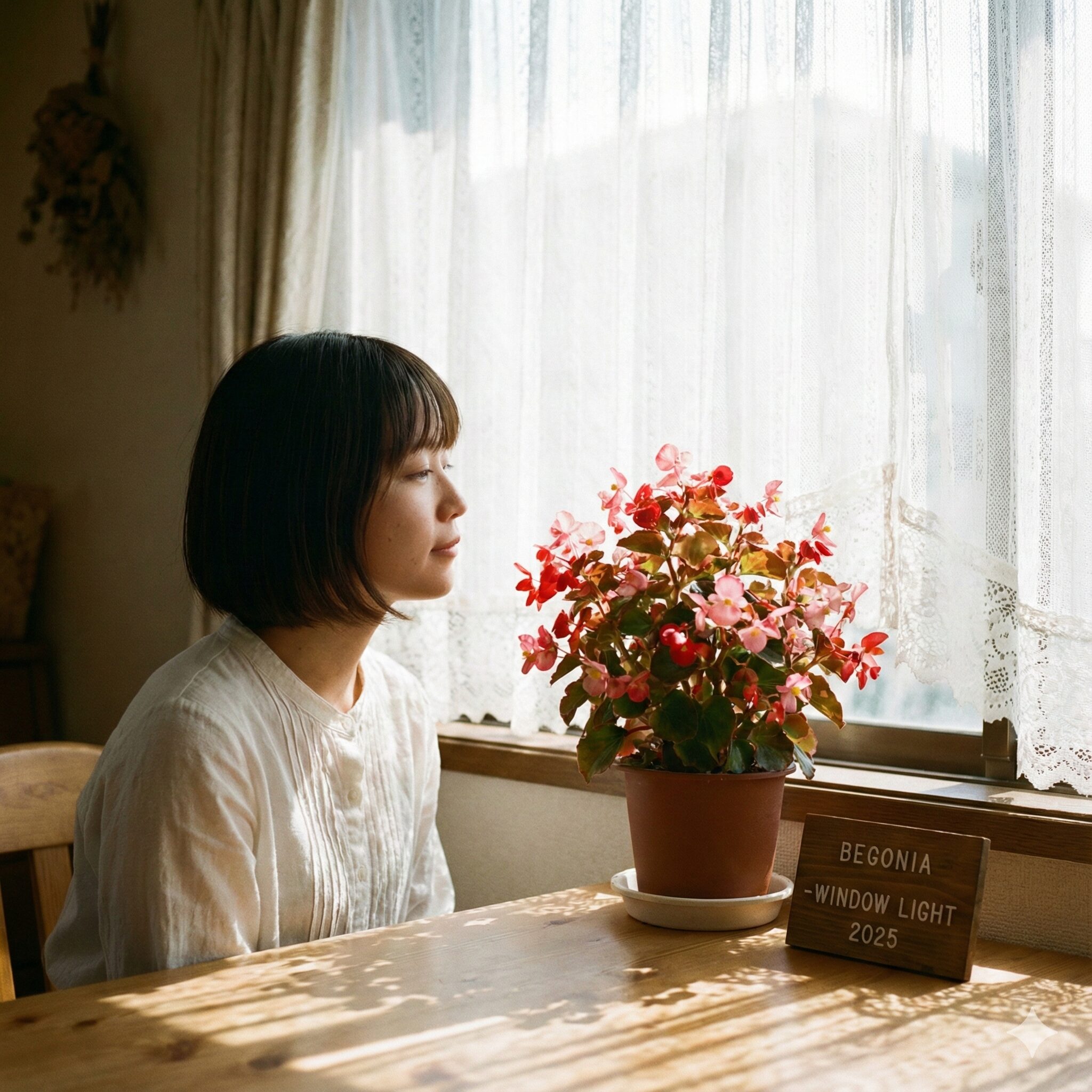 ベゴニア育て方初心者5　室内栽培で最適なレースのカーテン越しの柔らかな光環境