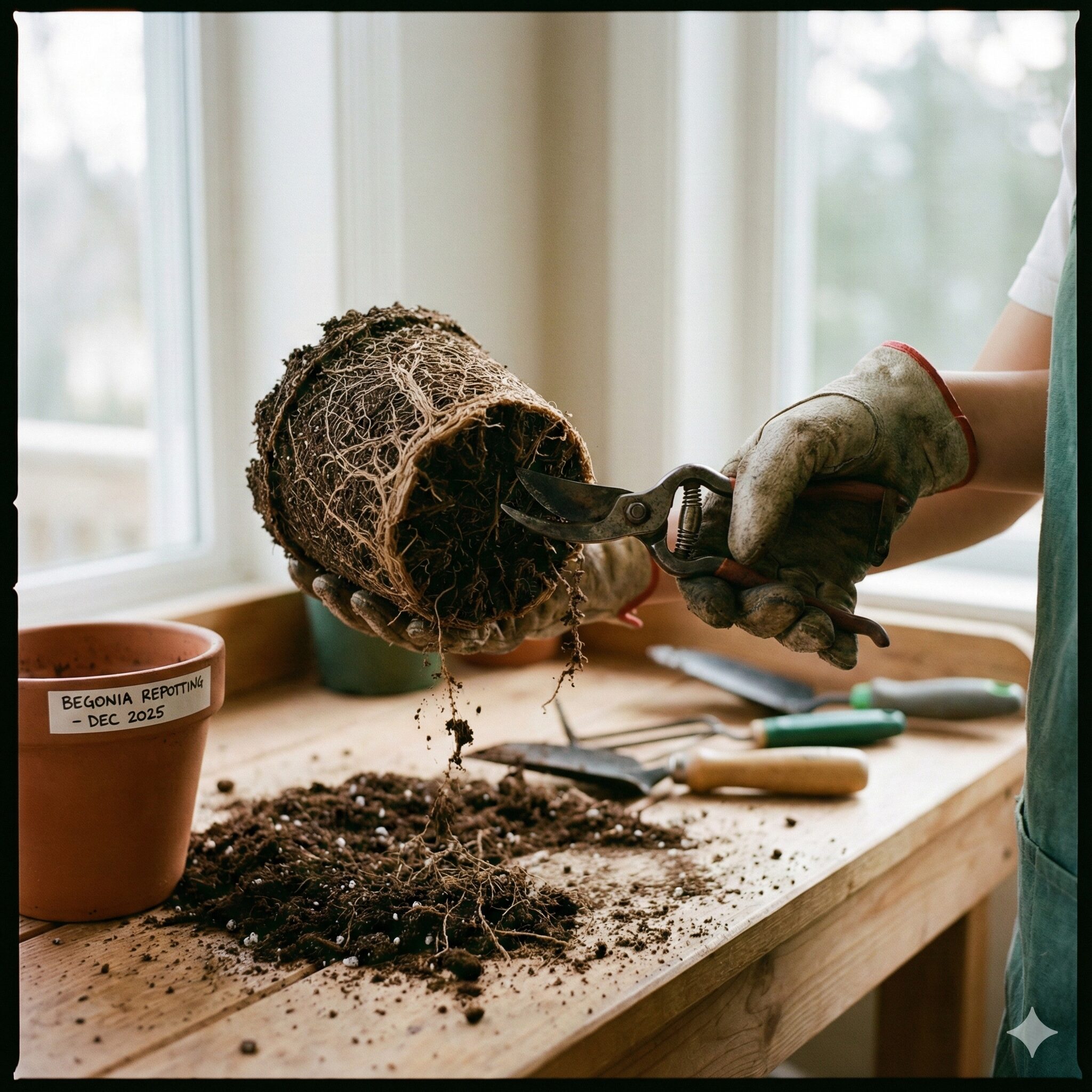 ベゴニア育て方初心者7　植え替え時に根詰まりした根鉢の底をほぐす手順の様子