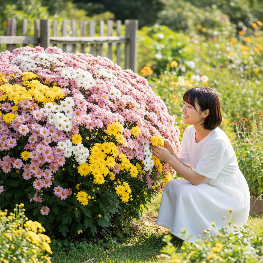 マックスマム 地植え1　　庭の地植えで直径1メートル級のドーム状に満開に咲いた巨大なマックスマム