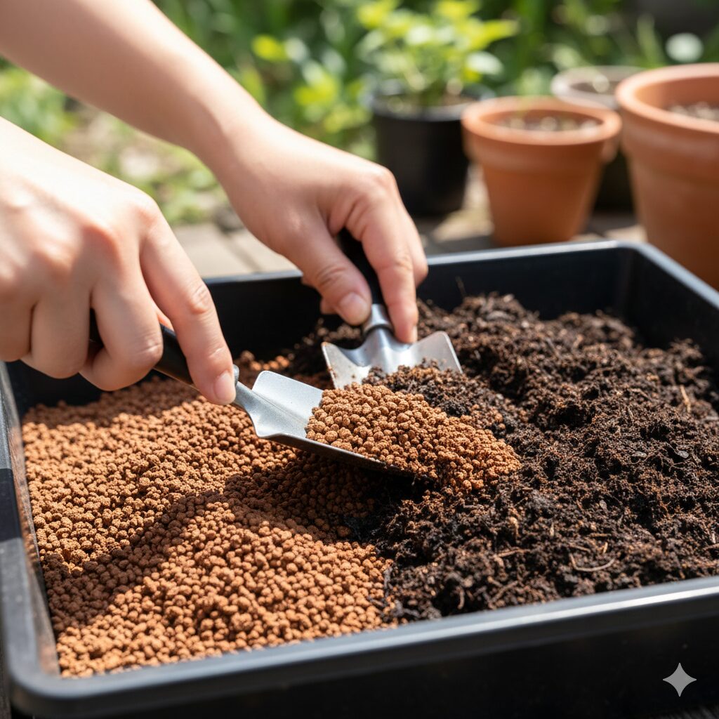 マックスマム 地植え2　マックスマムの土作りで赤玉土と腐葉土を6対4の割合で混ぜ合わせる様子