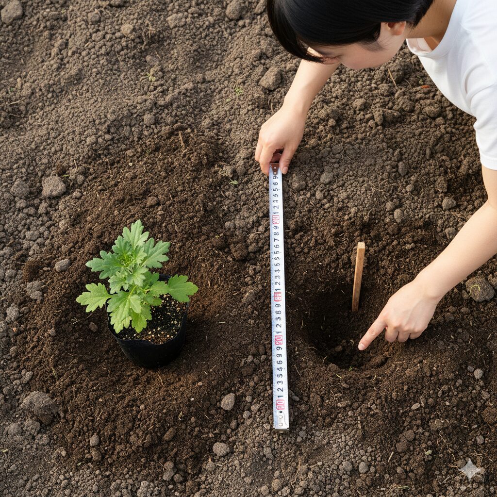 マックスマム 地植え3　　マックスマムの地植えで適切な80cmの株間をメジャーで測っている植え付け準備