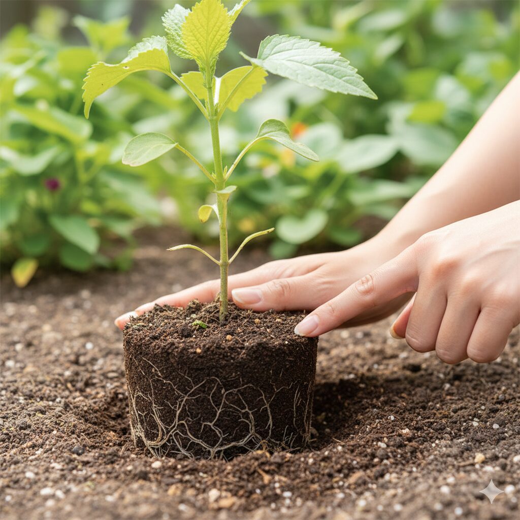 マックスマム 地植え4　　マックスマムの苗を深植えせず地面と同じ高さに植える正しい浅植えの例