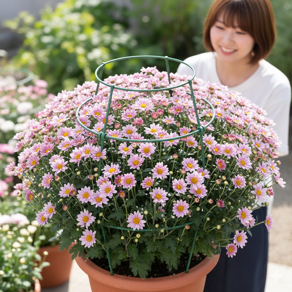 マックスマム 地植え5　　巨大化したマックスマムが雨や風で倒れないよう支えるリング支柱の設置例