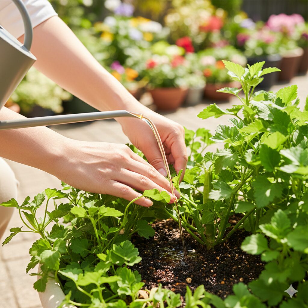 マックスマム 地植え6　　マックスマムの開花期に株元へ液体肥料を与えて追肥を行っている様子