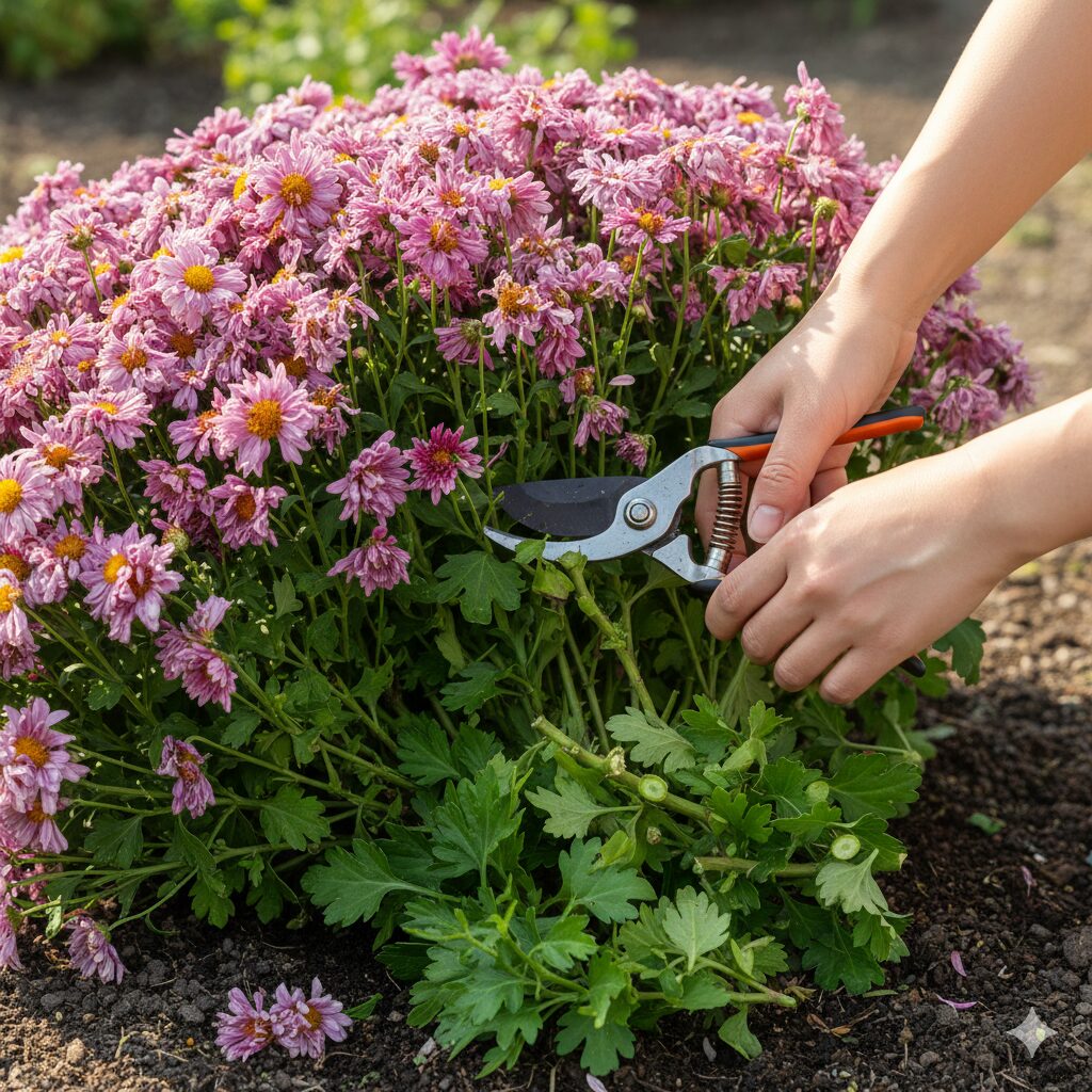 マックスマム 地植え7　　マックスマムの株を半分程度の高さまで思い切って切り戻し剪定する作業