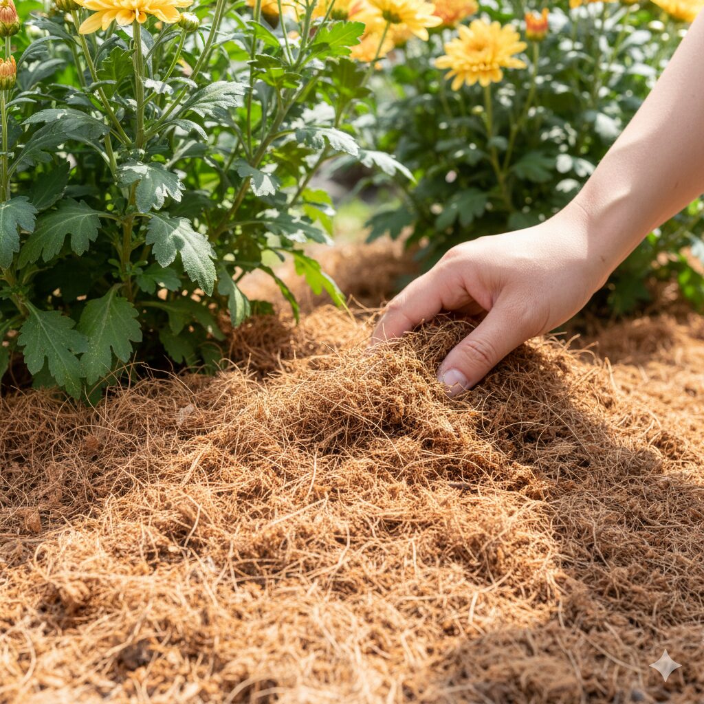 マックスマム 地植え8　　マックスマムの夏越し対策として地温上昇を防ぐココヤシファイバーのマルチング