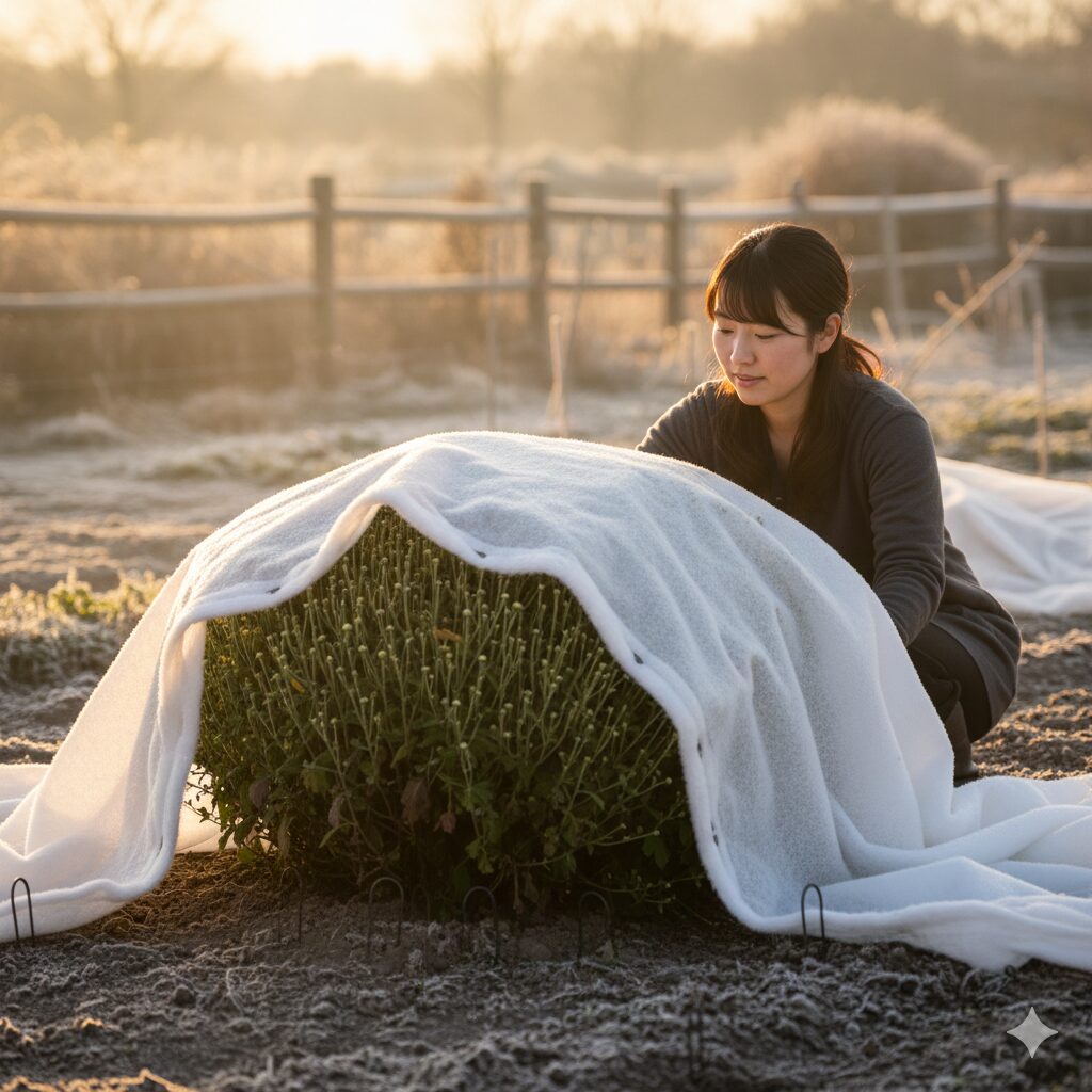 マックスマム 地植え9　　霜や寒風からマックスマムを守るために不織布を被せた冬越しの防寒対策