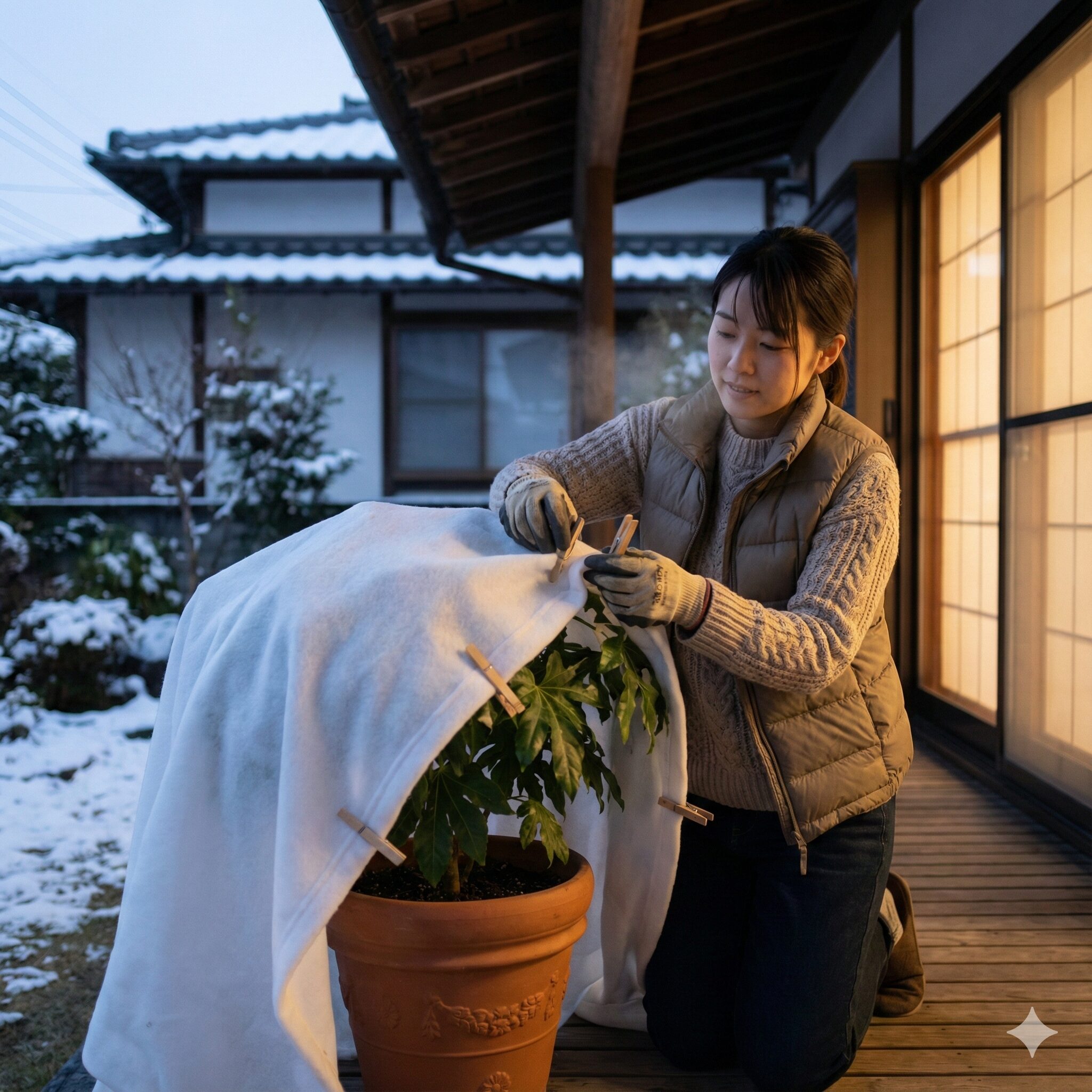 マックスマム 多年草4　軒下で不織布を被せて冬の寒さ対策をしたマックスマムの鉢植え