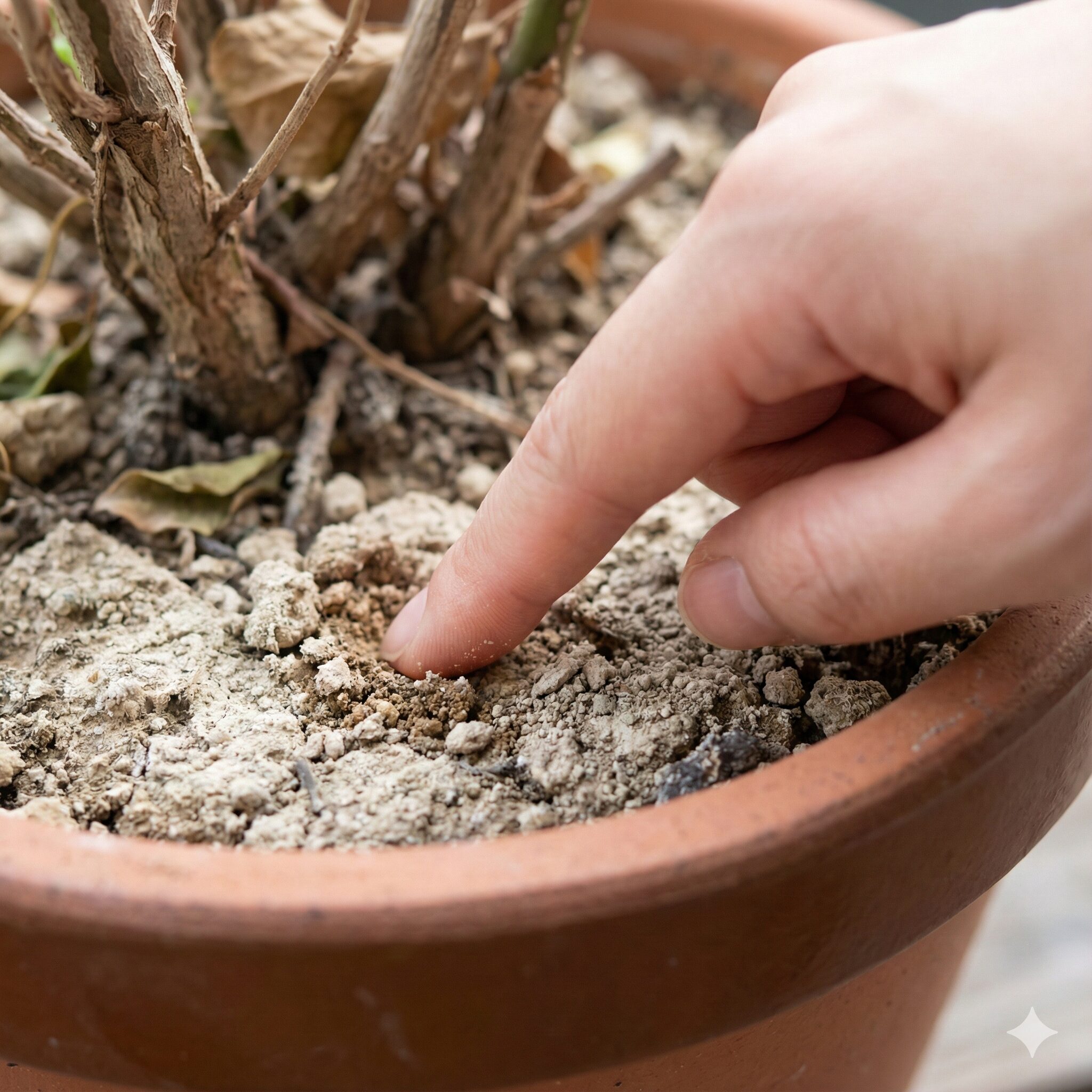 マックスマム 多年草5　　冬の水やり前にマックスマムの土が乾いているか指で確認する様子