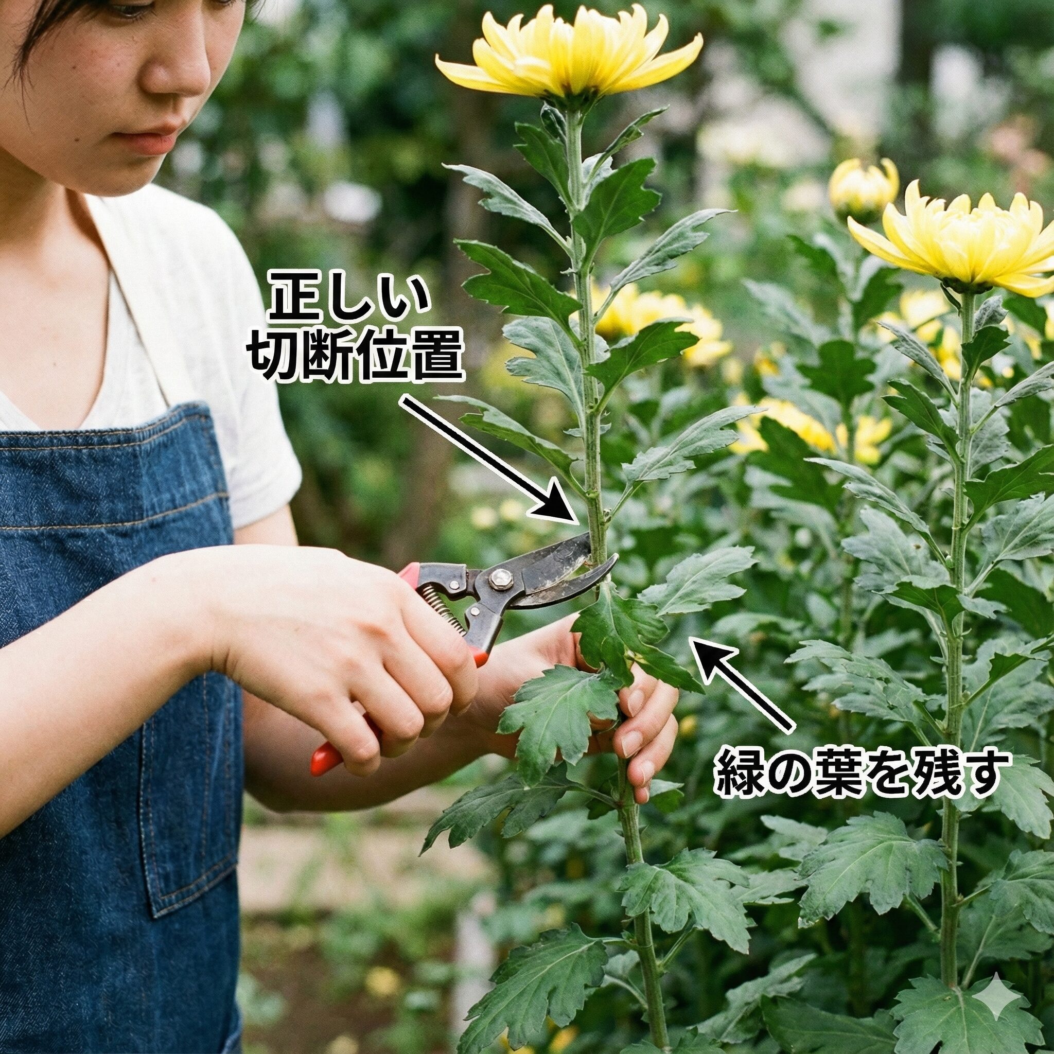 マックスマム 多年草7　　緑の葉を残してマックスマムを切り戻しする正しい剪定位置