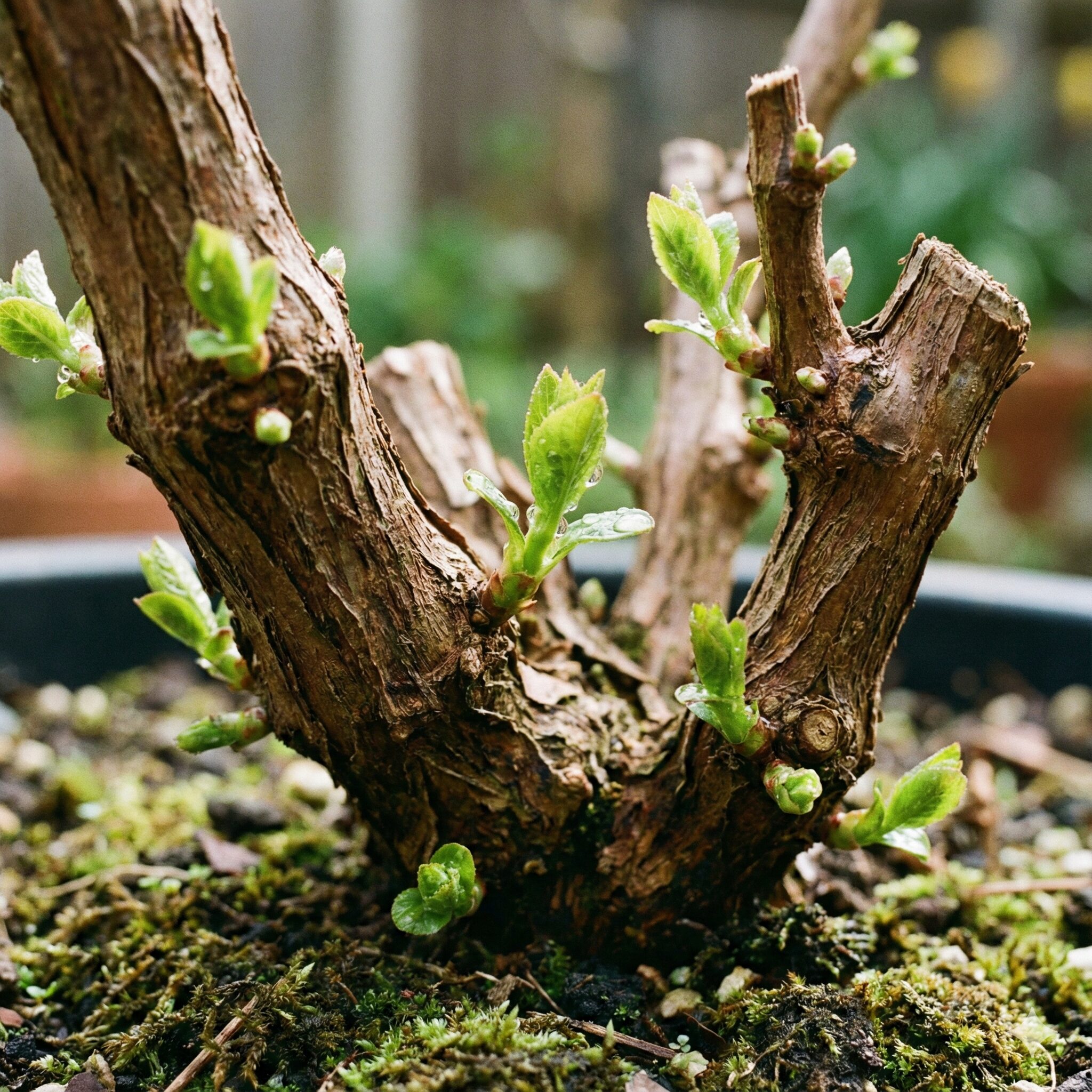 マックスマム 多年草8　　切り戻し後の木質化した茎から芽吹いたマックスマムの新芽