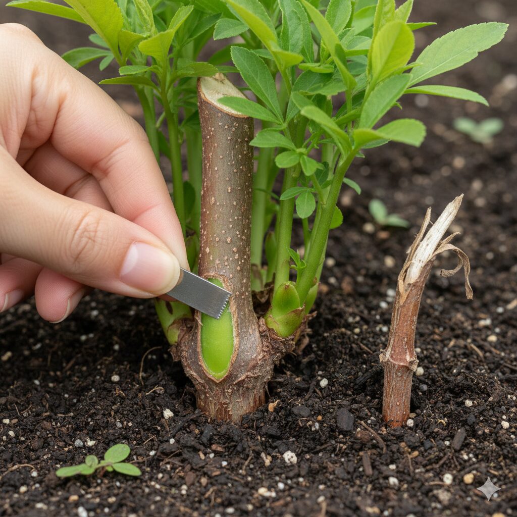 マックスマム 木質化1　　マックスマムの健康な木質化と枯死した茎の見分け方。爪で削ると内側が緑色なのが生存の証。