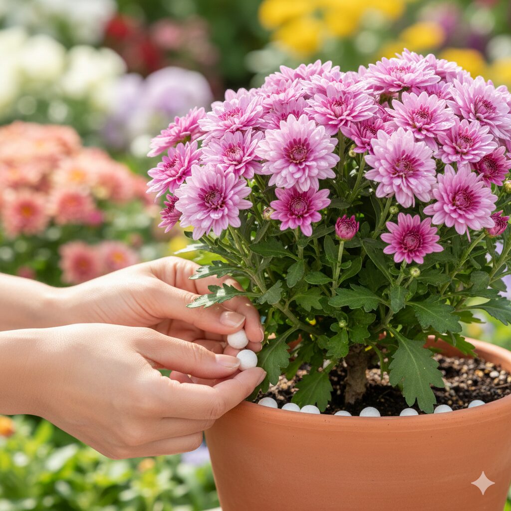 マックスマム 木質化10　マックスマムを元気に育てるための追肥。鉢の縁に置いた緩効性肥料の配置例。