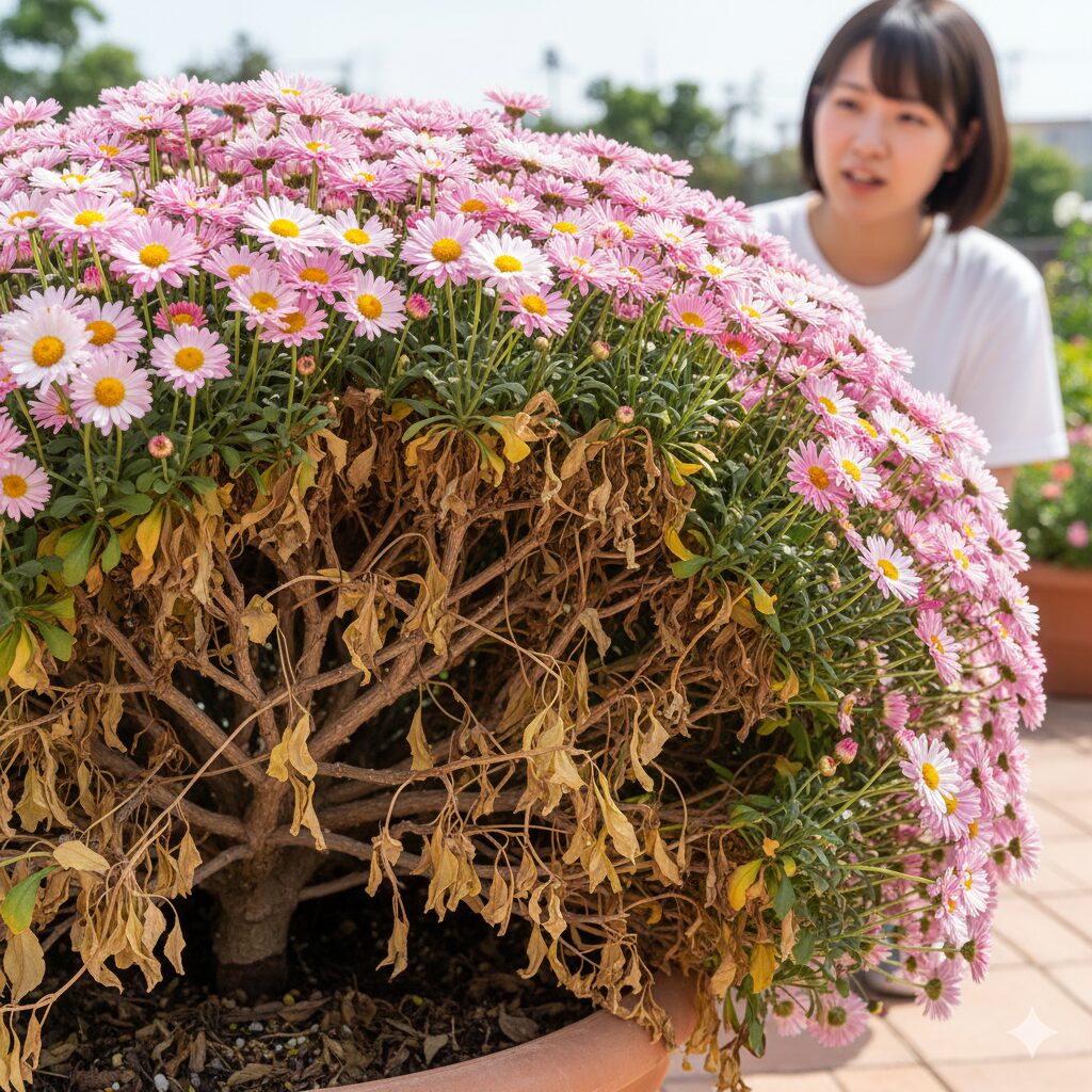 マックスマム 木質化2　　マックスマムの大株内部。日光が遮られ下葉が枯れ上がる自己剪定のメカニズム。