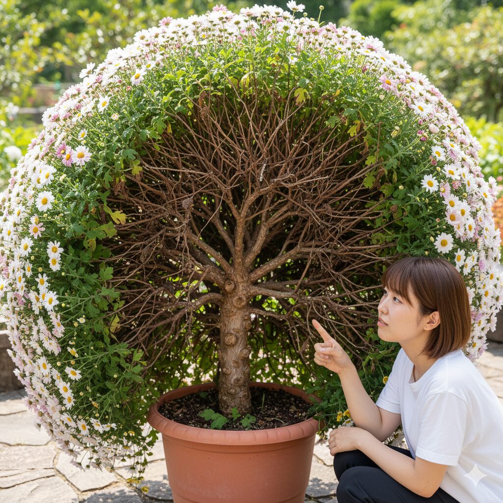 マックスマム 木質化3　　老化したマックスマムに起こるドーナツ現象。中心が割れて木質化した茎が露出した様子。