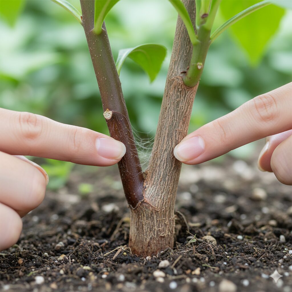 マックスマム 木質化4　　マックスマムの茎腐病と立ち枯れ病の黒ずんだ変色。不自然に柔らかく腐敗した組織。