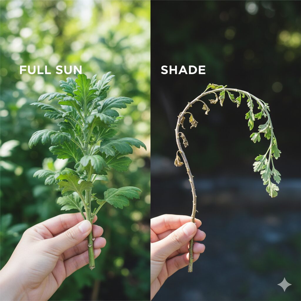 マックスマム 木質化5　　徒長して軟弱になったマックスマムの茎と、日向で育ったガッシリした茎の比較。