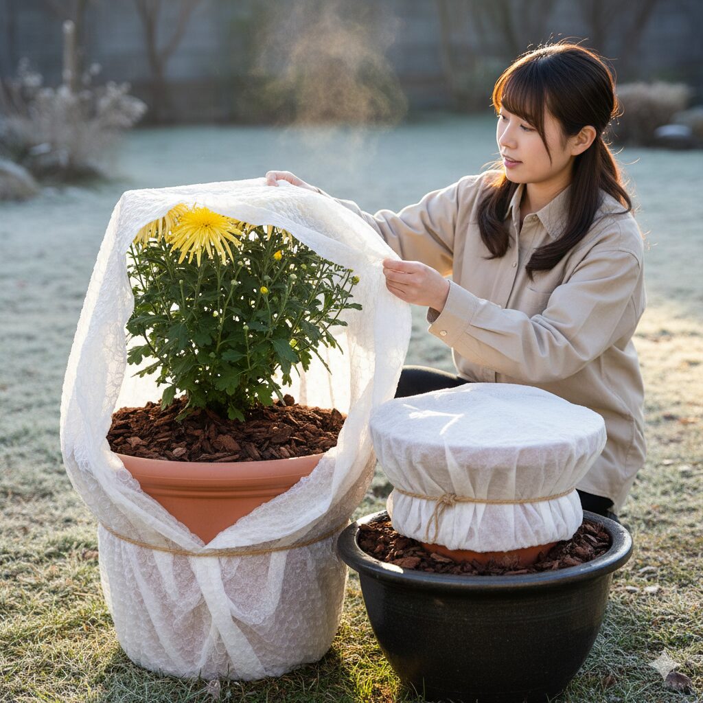 マックスマム 木質化6　　冬越しのためのマックスマムの鉢管理。二重鉢とマルチングで根を凍結から守る対策。