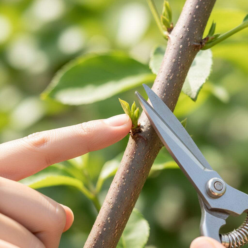 マックスマム 木質化7　　マックスマムの切り戻しで重要な緑の境界線の位置。茶色い茎の脇芽のすぐ上でカット。