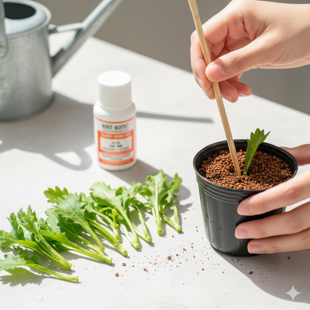 マックスマム 木質化9　　マックスマムを若返らせる挿し芽の手順。清潔な赤玉土と緑の先端の茎を使用。