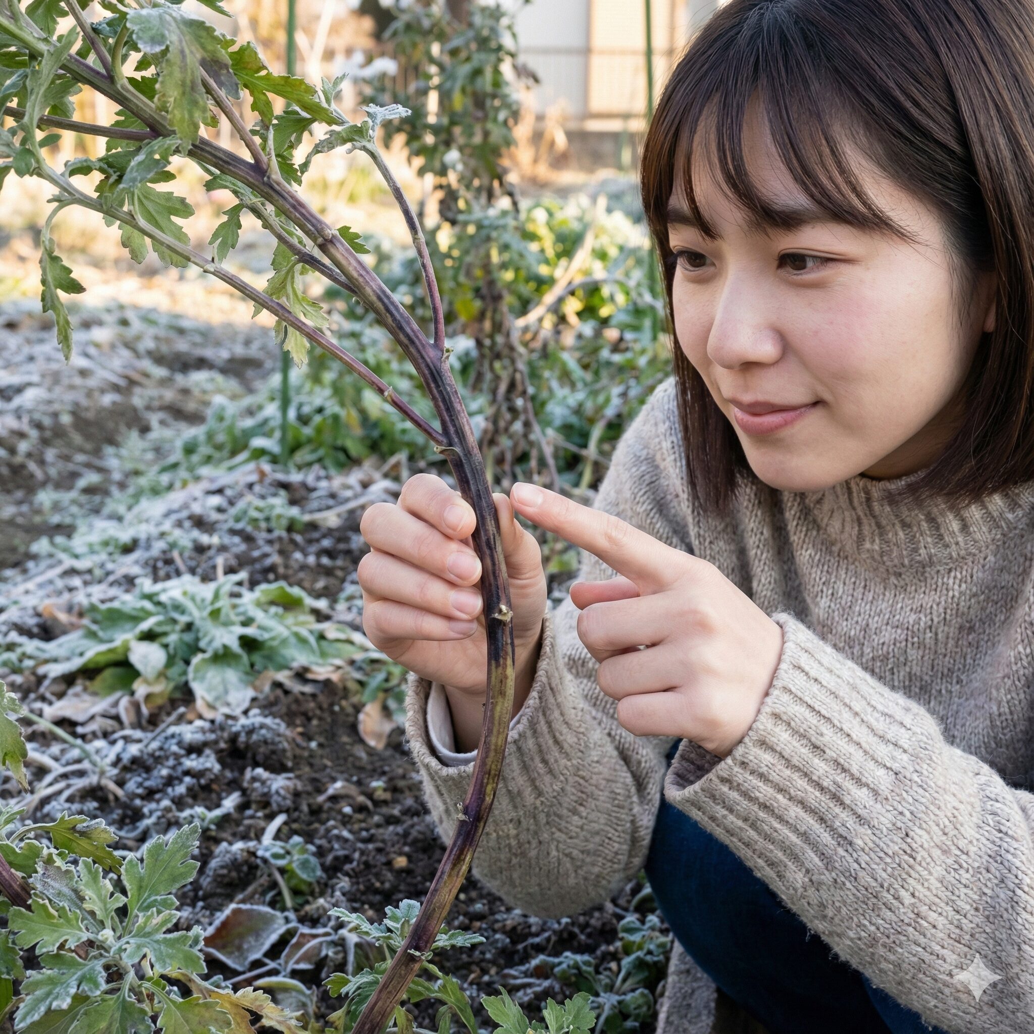 マックスマム 枯れた5　　寒さによるアントシアニンの蓄積で黒紫色に変色したマックスマムの茎