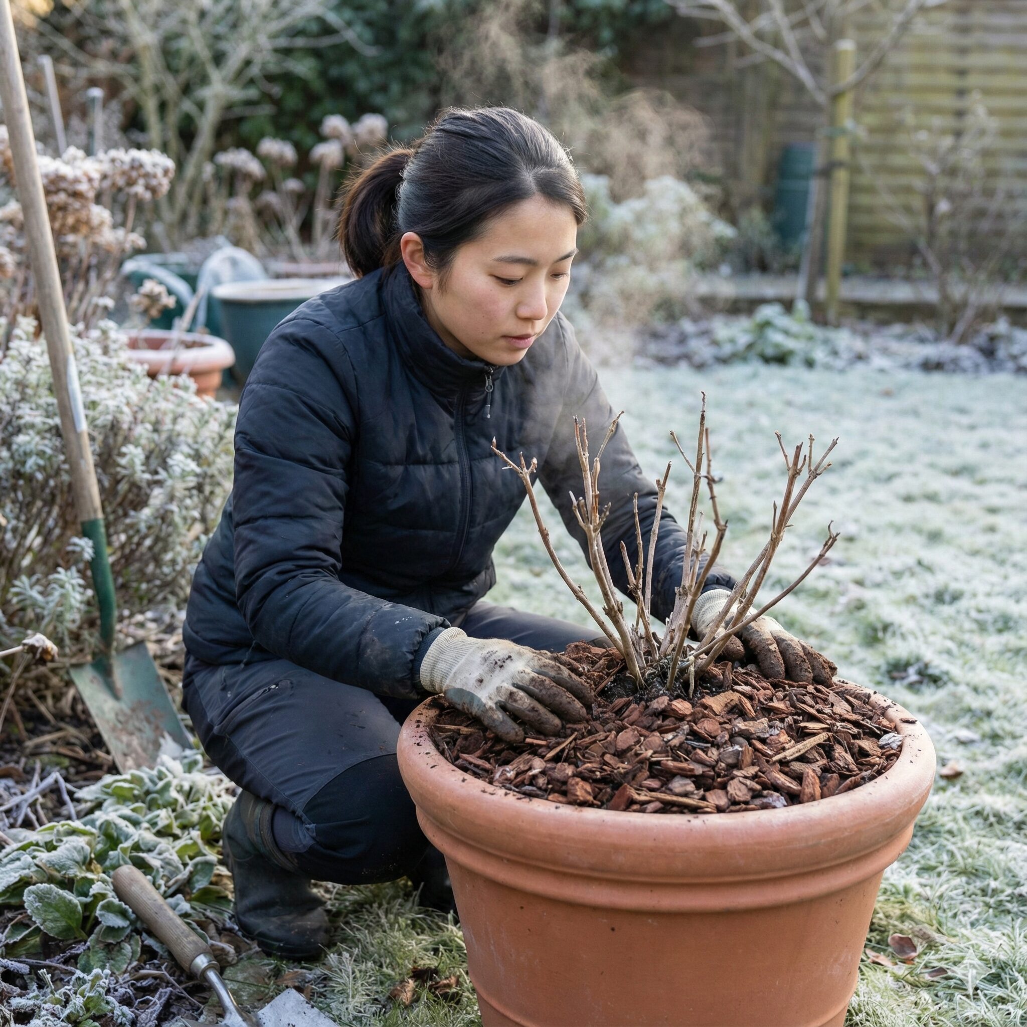 マックスマム 花言葉10　マックスマムの冬越し対策として株元に施されたバークチップのマルチング。