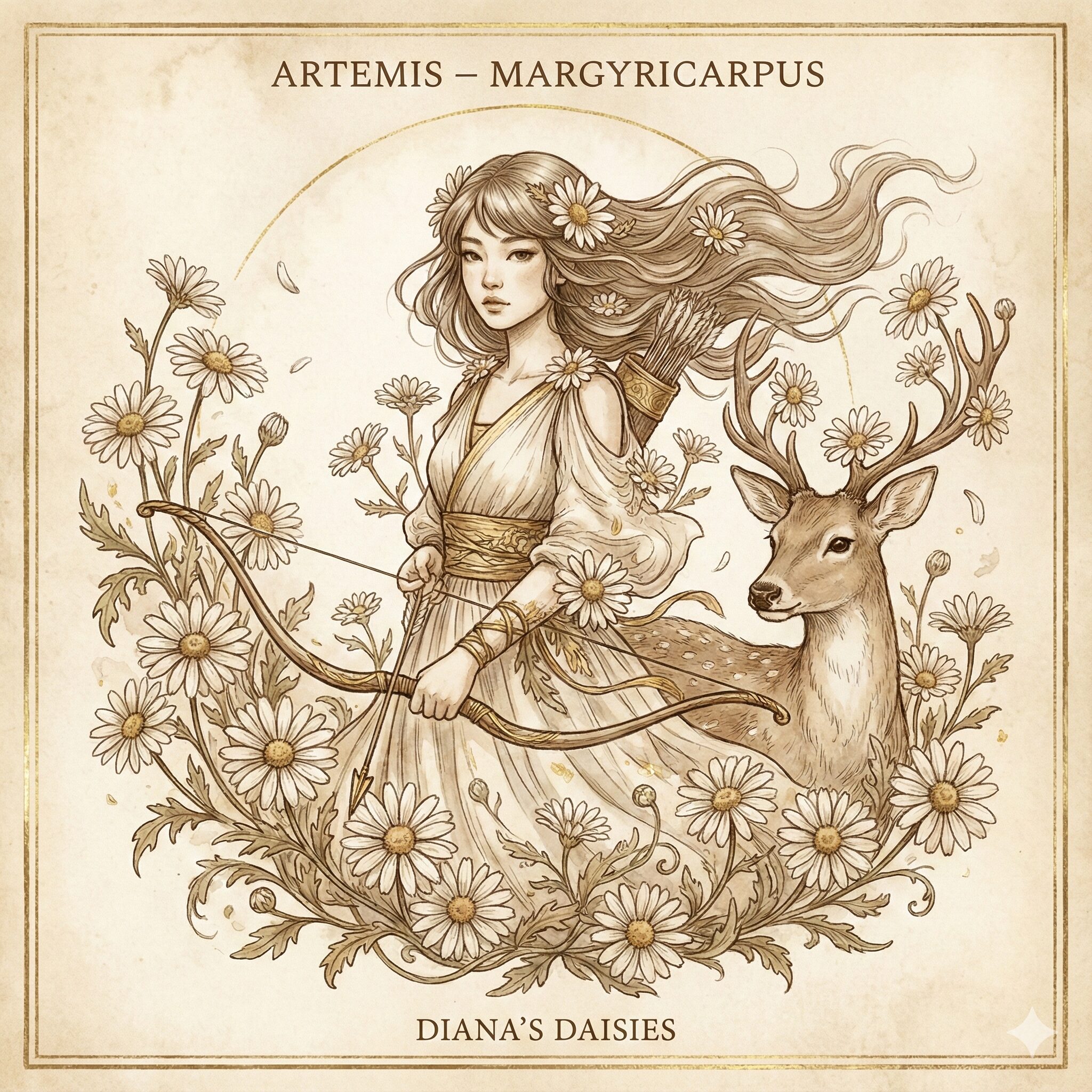 マックスマム 花言葉2　ギリシャ神話の女神アルテミスとマーガレットの物語を象徴する幻想的な花のイメージ。