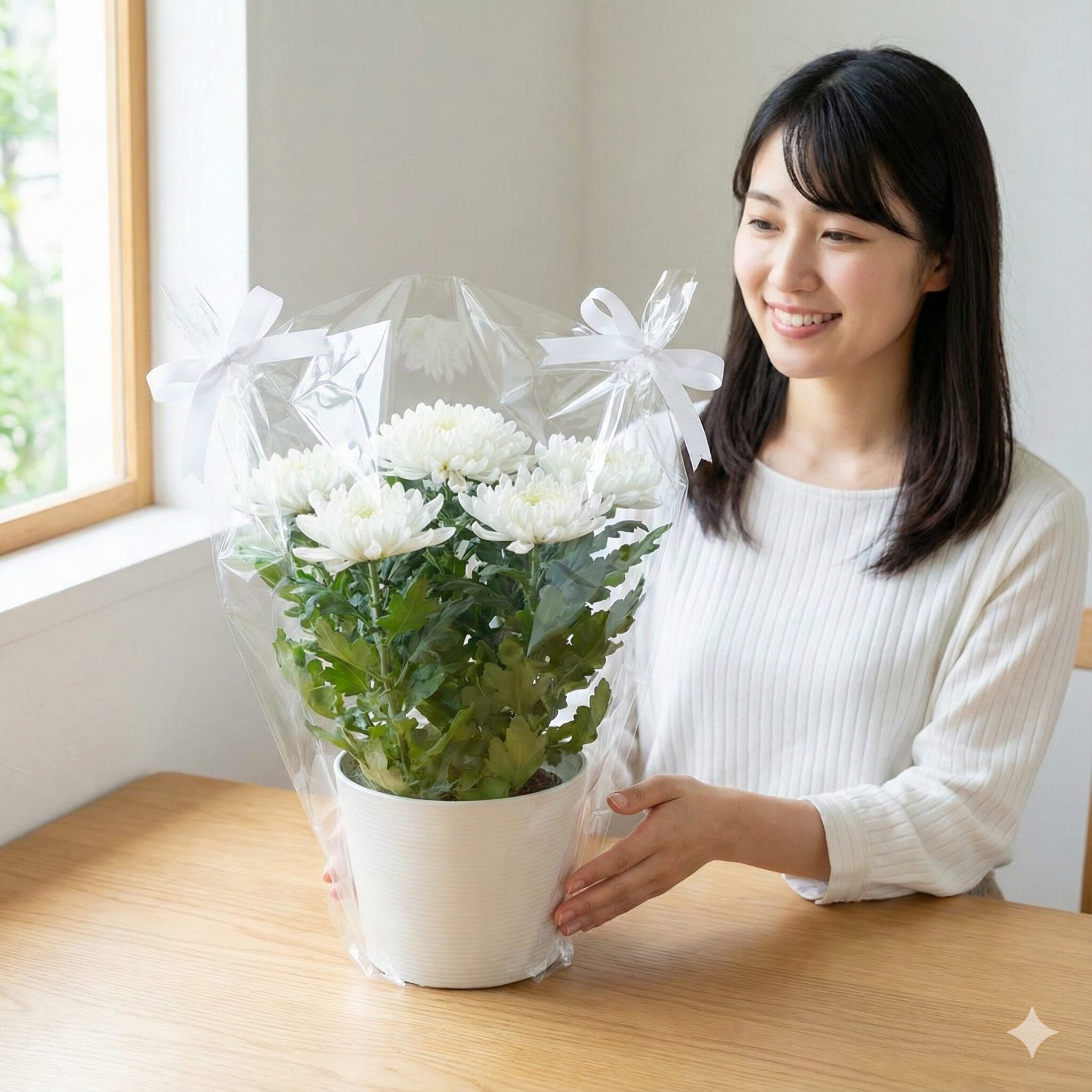 マックスマム 花言葉3　お祝いのギフト用にラッピングされた清潔感あふれる白いマックスマム。