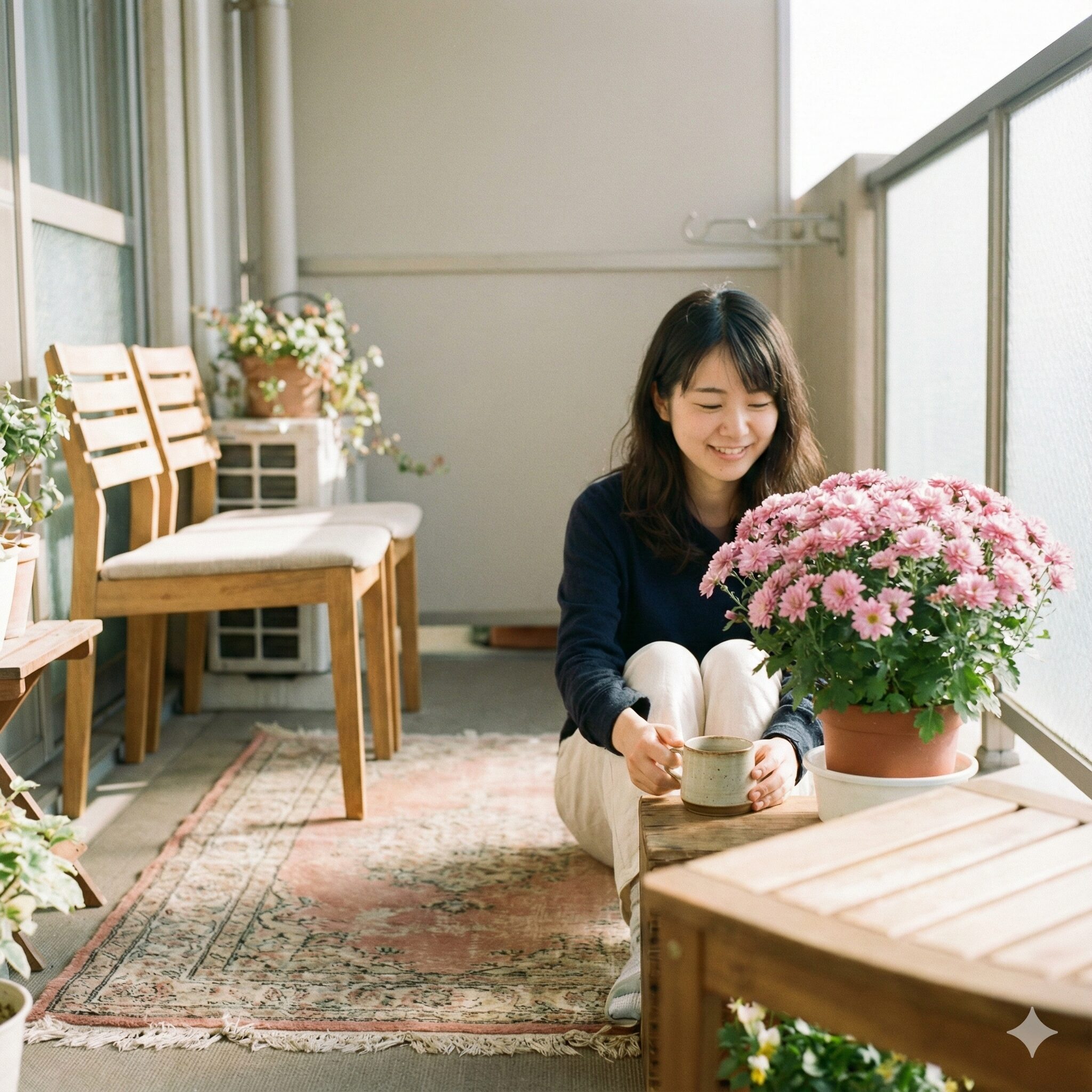 マックスマム 花言葉4　ベランダでピンクのマックスマムを眺めながらコーヒーを楽しむリラックスした時間。