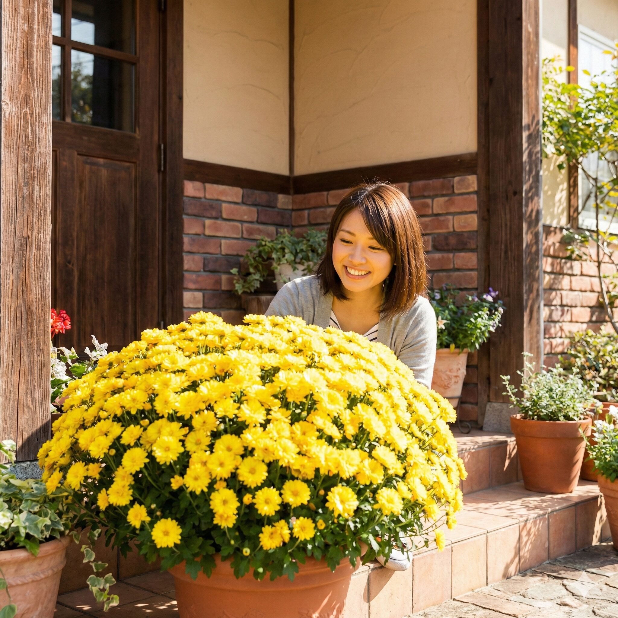 マックスマム 花言葉5　玄関先を明るく彩るビタミンカラーのイエロー・マックスマムの鉢植え。