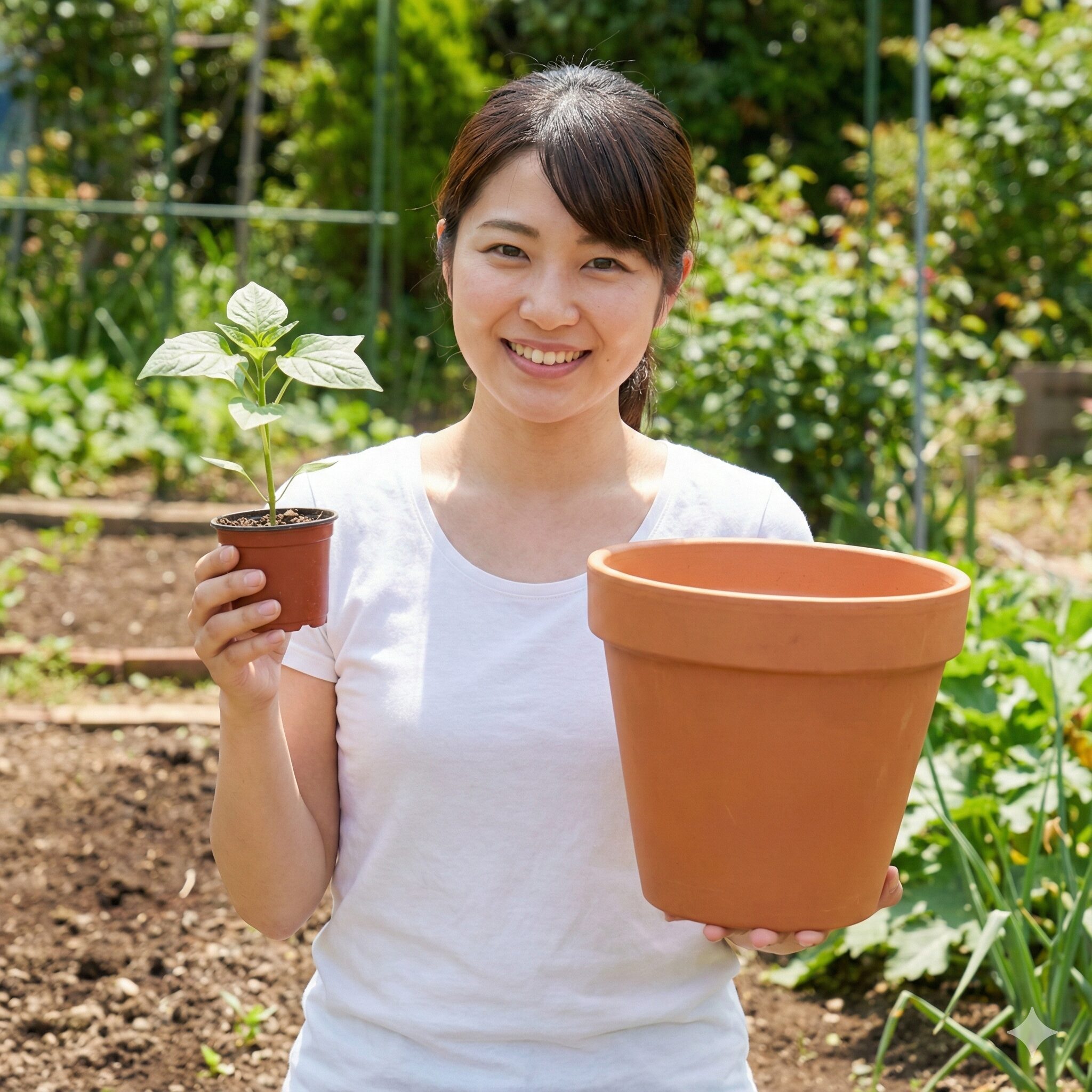 マックスマム 花言葉7　　マックスマム栽培に適した10号鉢と苗のサイズ比較。