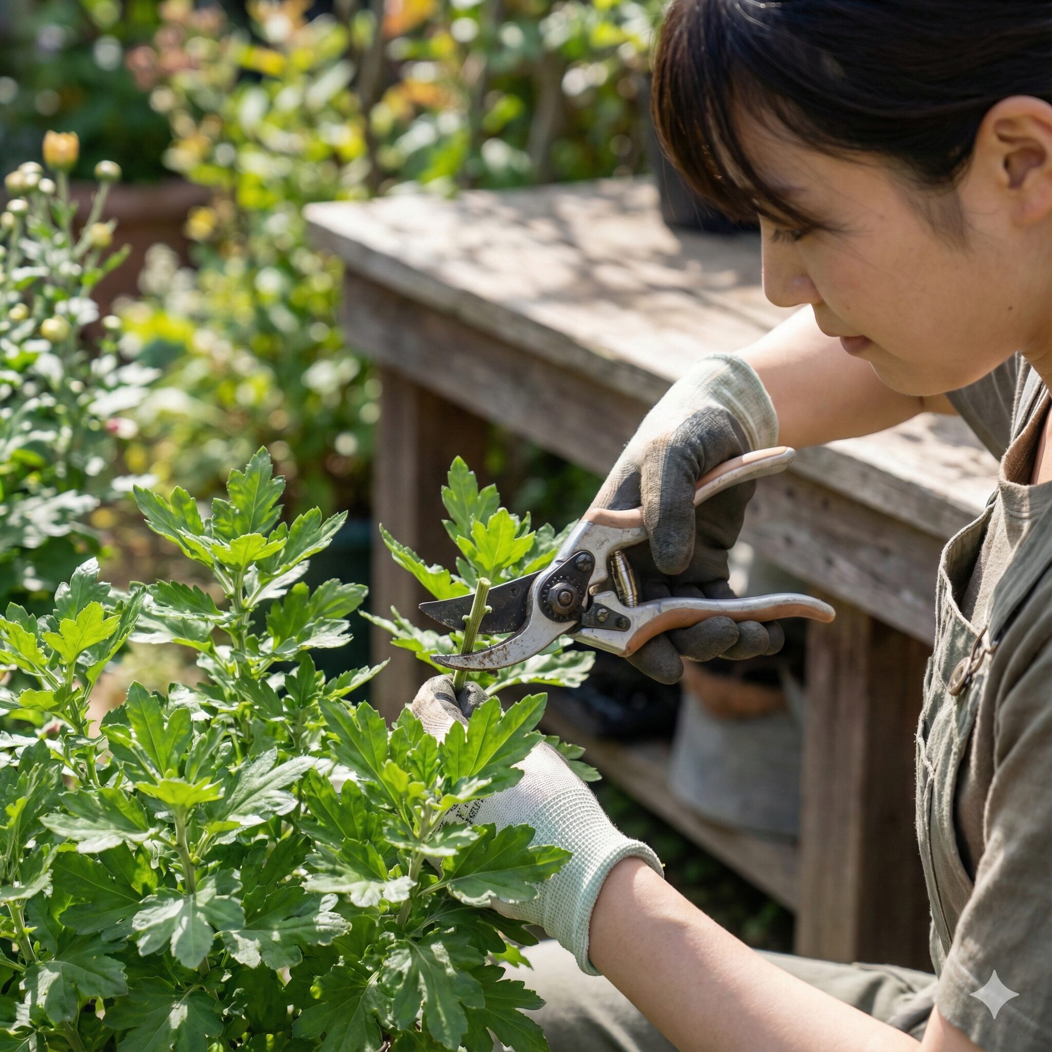 マックスマム 花言葉9　　マックスマムの切り戻しで緑の葉を残してカットする重要なポイント。
