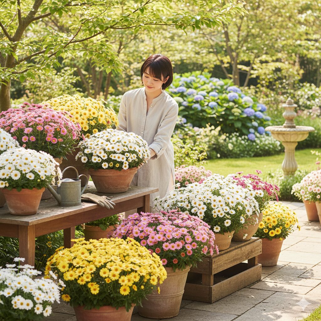 マーガレット いつ咲く　春の日差しの中で満開に咲く白とピンクのマーガレットの鉢植え